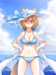  animal_ears bikini blue_bikini blue_sky blush breasts brown_eyes brown_hair cleavage cloud cloudy_sky female halterneck hands_on_own_hips hat highres italian_wolf_(kemono_friends) kemono_friends large_breasts looking_at_viewer multicolored_hair naka_(nicovideo14185763) ocean open_clothes side-tie_bikini_bottom sky solo string_bikini swimsuit tail white_hair wolf_ears wolf_girl wolf_tail 