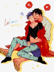  2boys :d aged_up arm_tattoo black_hair black_shirt borrowed_clothes chest_tattoo coat commentary_request couple demorzel denim earrings facial_hair full_body goatee heart highres hug jeans jewelry looking_at_another male_focus monkey_d._luffy multiple_boys one_eye_closed one_piece open_mouth pants sandals scar scar_on_face shirt short_hair sitting sitting_on_lap sitting_on_person smile socks spoken_heart spoken_squiggle squiggle tattoo trafalgar_law white_shirt yaoi yellow_eyes 