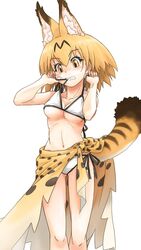  animal_ears bikini blonde_hair blush breasts extra_ears female highres kemono_friends medium_breasts naka_(nicovideo14185763) navel print_sarong sarong serval_(kemono_friends) serval_print short_hair simple_background solo swimsuit tail underboob wardrobe_malfunction white_background white_bikini 