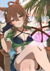  agnes_tachyon_(lunatic_lab)_(umamusume) agnes_tachyon_(umamusume) ahoge animal_ears belt bikini black_bikini black_gloves blush breasts brown_hair cleavage collarbone commentary_request criss-cross_halter crossed_legs dated ear_ornament feet_out_of_frame female flask gloves green_jacket grin hair_between_eyes hair_bun halterneck highres holding holding_flask horse_ears horse_girl jacket looking_at_viewer navel official_alternate_costume official_alternate_hairstyle red_eyes round-bottom_flask short_hair short_sleeves signature simple_background single_glove small-wso6-bell small_breasts smile solo sparkle swimsuit tied_jacket umamusume white_background 