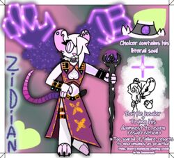  anthro belt chest_tuft choker clothing ear_piercing empty_eyes femboy floating_hands gem jestholly jewelry magic male mammal murid murine nails necklace piercing purple_eyes rat rodent solo staff tuft zidian_(jestholly) 