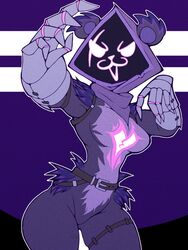  &gt;:3 2023 3:4 anthro armor bear breasts clawed_gauntlets clothing dark_body dark_fur epic_games eye_scar facial_scar featureless_breasts featureless_crotch female fortnite fur gauntlets gloves glowing glowing_eyes handwear harness heart_print heart_symbol hi_res hip_tuft hood hosses21 mammal medium_breasts multicolored_body multicolored_fur portrait purple_body purple_clothing purple_fur raven_team_leader scar scarf shadow_face solo three-quarter_portrait tuft two_tone_body two_tone_fur 