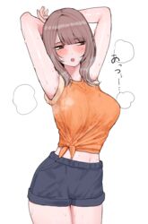  absurdres armpits arms_behind_head arms_up blush breasts brown_eyes brown_hair commentary_request curvy female highres hyoshiki large_breasts long_bangs long_hair looking_to_the_side midriff navel open_mouth orange_shirt original partial_commentary shiny_skin shirt shorts simple_background sleeves_rolled_up solo standing steam steaming_body sweat sweat_stain thighs tied_shirt translated very_sweaty white_background 