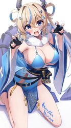  2024 bikini black_gloves blonde_hair blue_bikini blue_kimono blue_nails blue_sleeves body_writing breasts chinese_zodiac commentary_request crossed_bangs derivative_work dragon_tail fangs female fingerless_gloves fingernails gloves hair_between_eyes happy_new_year headgear highres japanese_clothes kimono large_breasts long_hair looking_at_viewer mechanical_tail morros multicolored_hair nail_polish open_mouth original pelvic_curtain simple_background sitting swimsuit tail teeth thighs two-tone_hair upper_teeth_only white_background wide_sleeves year_of_the_dragon 