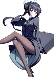  black_dress black_gloves black_hair blue_archive blush braid braided_bun breasts briefcase brown_pantyhose butterfly_hair_ornament china_dress chinese_clothes coat commentary double_bun dress female gloves grey_coat grey_eyes hair_bun hair_ornament half_gloves halo high_heels highres kisaki_(blue_archive) long_hair long_sleeves looking_at_viewer off_shoulder pantyhose pinstripe_pattern revision ririko_(zhuoyandesailaer) short_dress small_breasts solo striped_coat thighs twintails vertical-striped_coat 