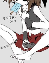  1other brown_hair chinese_commentary chinese_text colored_skin commentary_request controller food food_in_mouth game_controller grey_background grey_tank_top hand_on_own_chest holding holding_controller holding_game_controller kurohebi len&#039;en ling_s midriff other_focus popsicle popsicle_in_mouth red_shorts shorts simple_background sitting tank_top translation_request white_skin wristband 