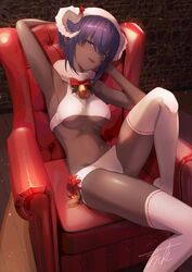  announ_(kurotya) bare_shoulders blush bra breasts chair dark-skinned_female dark_skin fate/grand_order fate_(series) female fur_bra hassan_of_serenity_(fate) hassan_of_serenity_(merry_sheep)_(fate) hat highres horns looking_at_viewer medium_breasts navel open_mouth panties purple_eyes purple_hair ribbon-trimmed_thighhighs ribbon_trim sheep_horns short_hair sidelocks smile solo thighhighs thighs underboob underwear white_bra white_hat white_panties white_thighhighs wool 