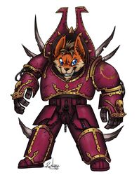  anthro armor blue_eyes canid canine chaos_space_marine ear_piercing ear_ring ear_stud fox fur gauged_ear machine male mammal orange_body orange_fur piercing power_armor ring_piercing rosevnightshade_(artist) solo spiked_armor spikes warhammer_(franchise) warhammer_40000 world_eaters 