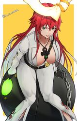  absurdres ankh_necklace ankh_print ball_and_chain_restraint bell-bottoms black_gloves bodysuit breasts broken_halo cleavage collared_shirt colored_inner_hair dorpos female fingerless_gloves front_slit gloves green_eyes guilty_gear guilty_gear_strive hair_between_eyes halo highres jack-o&#039;_valentine large_breasts long_hair long_sleeves looking_at_viewer mature_female messy_hair multicolored_hair pants red_hair shirt skull_belt souma_(so_u_maaaaa) spiked_halo thick_thighs thighs two-tone_hair very_long_hair white_bodysuit white_hair white_shirt 