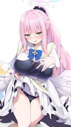  absurdres angel_wings black_one-piece_swimsuit blue_archive blush breasts closed_mouth crescent crescent_pin dress feathered_wings feet_out_of_frame female halo highres kanmuri_(kannmuri0227) large_breasts long_hair mika_(blue_archive) one-piece_swimsuit pink_hair pink_halo ponytail short_sleeves simple_background smile solo swimsuit tongue tongue_out trinity_general_school_swimsuit white_background white_dress white_wings wings yellow_eyes 