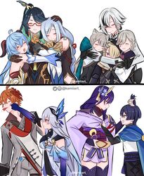  4boys 6+girls arlecchino_(genshin_impact) artist_name blood blood_from_mouth blue_hair brother_and_sister brothers closed_eyes cloud_retainer_(genshin_impact) family freminet_(genshin_impact) ganyu_(genshin_impact) genshin_impact grabbing_another&#039;s_hair grey_hair group_hug happy highres hug instagram_logo instagram_username japanese_clothes kamiiart lynette_(genshin_impact) lyney_(genshin_impact) mother_and_son multiple_boys multiple_girls orange_hair punching purple_hair raiden_shogun scaramouche_(genshin_impact) shenhe_(genshin_impact) siblings simple_background skirk_(genshin_impact) smile tartaglia_(genshin_impact) twitter_logo twitter_username wanderer_(genshin_impact) white_background xianyun_(genshin_impact) 