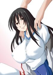  1other a_certain_high_school_gym_uniform ambiguous_gender black_hair breasts brown_eyes commentary_request covered_nipples female fukiyose_seiri gradient_background gym_shirt gym_uniform hair_between_eyes huge_breasts jacket light_blush light_smile long_hair looking_at_viewer no_emblem nonnon_(yudenonno) open_clothes open_jacket shirt sidelocks solo_focus toaru_majutsu_no_index upper_body white_jacket white_shirt 