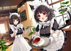  2girls absurdres alternate_costume animal_ears apron azur_lane black_dress black_hair bow breasts cat_ears cat_girl cat_tail collared_dress commentary_request dress dual_persona enmaided food frilled_apron frilled_gloves frills gloves highres holding holding_plate indoors large_breasts maid menu_board multiple_girls oerba_yun_fang open_mouth pancake pancake_stack plant plate potted_plant puffy_short_sleeves puffy_sleeves red_eyes short_hair short_sleeves sideboob sideboob_cutout skin_fang spilling syrup tail tail_bow tail_ornament white_apron white_bow white_gloves yamaha_tsui yamashiro_(azur_lane) yamashiro_(meta)_(azur_lane) 