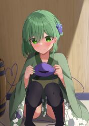  absurdres alternate_costume black_thighhighs blue_flower blurry blurry_background blush closed_mouth commentary_request eyes_visible_through_hair feet_out_of_frame female fingernails floral_print flower green_eyes green_hair green_kimono green_nails hair_between_eyes hair_flower hair_ornament heart heart_of_string highres holding_eyeball indoors japanese_clothes kanzashi kimono kirisame_oreo komeiji_koishi long_fingernails long_sleeves looking_at_viewer medium_hair nail_polish no_headwear sidelighting smile solo split_mouth squatting thighhighs thighs third_eye touhou wide_sleeves 