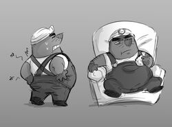  2023 animal_crossing anthro armor belly clothing eulipotyphlan food furniture hard_hat headgear helmet hi_res male mammal marimosgoldfish mole_(animal) monochrome mr._resetti nintendo overalls overweight overweight_male shirt simple_background sitting sofa solo topwear 