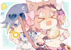  &gt;_&lt; 2girls ahoge anchor bikini blue-framed_eyewear blue_eyes blue_hair bow braid breasts chibi chinese_commentary closed_eyes closed_mouth coin commentary_request crying earrings eyewear_on_head food fruit fu_hua fu_hua_(seagull&#039;s_soar) fu_hua_(shadow_knight) grey_hair hair_between_eyes haruka_(rsyaooooo) highres honkai_(series) honkai_impact_3rd jewelry lemon lemon_slice light_frown long_hair low-tied_long_hair low_ponytail multiple_girls navel official_alternate_costume open_hands open_mouth orb pardofelis_(honkai_impact) pink_bow ponytail sleeveless small_breasts stomach streaming_tears sunglasses swimsuit tears upper_body v-shaped_eyebrows white_bikini 