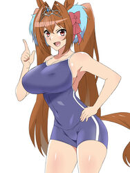  animal_ears bare_shoulders blue_one-piece_swimsuit breasts brown_hair cleavage commentary_request competition_school_swimsuit cowboy_shot daiwa_scarlet_(umamusume) female hair_between_eyes hair_intakes highres horse_ears horse_girl index_finger_raised kagemusha large_breasts long_hair looking_at_viewer oerba_yun_fang one-piece_swimsuit red_eyes school_swimsuit simple_background single_vertical_stripe solo swimsuit tail tail_through_clothes thighs tiara tracen_swimsuit twintails umamusume very_long_hair white_background 