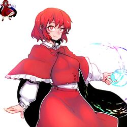  +_+ alternate_hair_length alternate_hairstyle breasts bright_pupils cape capelet closed_mouth collared_shirt commentary_request cowboy_shot female finger_gun frilled_capelet frills highres korean_commentary long_sleeves looking_at_viewer magic medium_breasts nyong_nyong official_art_inset okazaki_yumemi outline phantasmagoria_of_dim.dream red_capelet red_eyes red_hair red_skirt red_vest reference_inset shirt short_hair simple_background skirt smile solo standing symbol-shaped_pupils touhou touhou_(pc-98) vest white_background white_outline white_pupils white_shirt wing_collar 