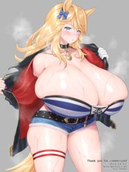  alternate_breast_size animal_ears bad_id bad_pixiv_id bandeau belt blonde_hair blue_eyes blush bow breasts bursting_breasts cleavage collar commentary_request commission denim denim_shorts ear_bow female gigantic_breasts gloves gold_city_(umamusume) highres horse_ears horse_girl horse_tail hot jacket micro_shorts multicolored_nails open_clothes open_jacket pendant_collar saitou_touko shorts single_glove skeb_commission solo sweat tail thigh_strap thighs umamusume white_gloves 