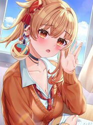  black_choker blonde_hair blue_sky blush breasts choker cleavage cloud collared_shirt commentary_request desk dutch_angle earrings female genshin_impact hair_ornament hand_up highres indoors jewelry long_sleeves medium_breasts mikoto_(0709mikoto) necktie open_mouth orange_eyes orange_sweater ponytail red_necktie school_desk school_uniform shirt sky solo stud_earrings sweater white_shirt window yoimiya_(genshin_impact) 