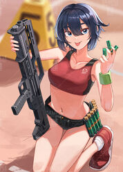  :p absurdres bare_shoulders between_fingers black_buruma black_hair blue_eyes blurry blurry_background breasts bullpup buruma closed_mouth collarbone commentary day depth_of_field dreadtie female gun hair_between_eyes highres holding holding_gun holding_weapon indoors kel-tec_ksg kneeling looking_at_viewer medium_breasts navel original outdoors pump_action qr_code red_footwear sample_watermark shoes shotgun shotgun_shell smile socks solo thick_eyebrows tongue tongue_out watermark weapon white_socks 