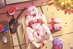  absurdres antlers barefoot bell bikini bikini_bottom_only blue_eyes bocchi_the_rock! bow box breasts christmas_tree cleavage_cutout clothing_cutout confetti deer_antlers feet female fishnet_thighhighs fishnets frilled_tube_top frills fur-trimmed_headwear fur_trim gift gift_box gotoh_hitori guitar hat highres horns in_box in_container instrument large_breasts nail_polish nanoda002_(saber427) neck_ribbon open_mouth paw_pose pink_hair pom_pom_(clothes) red_bikini red_bow red_headwear red_nails red_tube_top ribbon santa_hat single_barefoot single_fishnet_legwear strapless streamers swimsuit table tatami thighhighs toenail_polish toenails toes tube_top unworn_hat unworn_headwear 