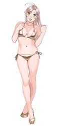  absurdres antenna_hair bare_shoulders bikini breasts brown_bikini cleavage collarbone female full_body gold_bikini gold_footwear green_eyes grey_hair highres kantai_collection kinugasa_(kancolle) long_hair looking_at_viewer navel ojipon open_mouth sandals side-tie_bikini_bottom simple_background skirt smile standing stomach swimsuit toes white_background 