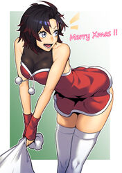  black_hair christmas dress dyun english_text female fingerless_gloves gloves grey_eyes highres holding holding_sack knapsack multicolored_hair open_mouth red_dress red_gloves red_hair ruby_rose rwby sack santa_costume short_hair socks solo thighhighs two-tone_hair white_thighhighs 