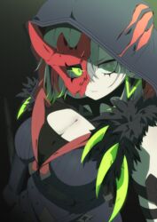  absurdres breasts cleavage colored_tips diabellstar_the_black_witch duel_monster female gloves green_eyes green_hair half_mask highres hood hood_up jewelry large_breasts mask medium_hair multicolored_hair pale_skin red_mask solo urasuka yu-gi-oh! 