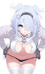  ass_visible_through_thighs bent_over black_gloves black_hairband black_panties blue_hair breasts deyui elira_pendora elira_pendora_(4th_costume) english_commentary female gloves green_eyes hair_over_one_eye hairband head_wings highres large_breasts long_hair long_sleeves looking_at_viewer navel nijisanji nijisanji_en open_clothes open_mouth open_shirt panties shirt simple_background smile solo standing thighhighs underwear undressing virtual_youtuber white_background white_shirt white_thighhighs wings 