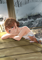  animal brown_eyes brown_hair feline female hair_bun highres mole mole_under_eye onsen orange_cat original outdoors snow solo soragane_(banisinngurei) towel water winter 