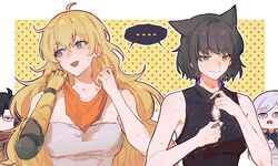  ... 4girls after_sex animal_ears averting_eyes bite_mark bite_mark_on_breast bite_mark_on_neck bite_mark_on_shoulder black_hair blake_belladonna blonde_hair border cat_ears dressing embarrassed frown glaring grey_hair hickey highres implied_after_sex long_hair looking_at_another mechanical_arms motion_lines multiple_girls open_mouth orange_scarf outside_border polka_dot polka_dot_background purple_eyes ruby_rose rwby scarf shared_speech_bubble short_hair single_mechanical_arm sleeveless speech_bubble spoken_ellipsis strapless sweat trembling upper_body very_long_hair wavy_hair weiss_schnee white_border yang_xiao_long yellow_background yellow_eyes yumi_xsh yuri zipper zipper_pull_tab zipping 