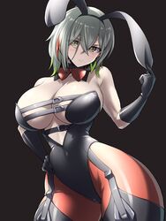  animal_ears black_leotard bow bowtie breast_strap breasts cleavage curvy detached_collar diabellstar_the_black_witch duel_monster earrings fake_animal_ears female gloves green_eyes green_hair hand_on_own_hip highleg highleg_leotard highres jewelry large_breasts leotard multicolored_hair pale_skin pantyhose pataneet playboy_bunny rabbit_ears short_hair solo strapless strapless_leotard thick_thighs thighs wide_hips yu-gi-oh! 