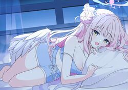  absurdres angel_wings bare_shoulders blue_archive blush breasts feathered_wings female flower hair_bun hair_flower hair_ornament halo highres indoors long_hair looking_at_viewer low_wings lying medium_breasts mika_(blue_archive) night off_shoulder on_bed on_side open_mouth pink_hair pink_halo seno_(senohime) side_up_bun single_hair_bun single_side_bun solo wings yellow_eyes 