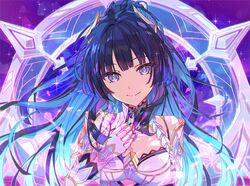  black_hair blue_hair breasts closed_mouth elbow_gloves female gloves hand_up head_tilt honkai_(series) honkai_impact_3rd long_hair looking_at_viewer medium_breasts multicolored_hair papipiko ponytail purple_eyes raiden_mei raiden_mei_(herrscher_of_origin) sidelocks smile solo two-tone_hair upper_body very_long_hair white_gloves 