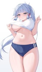  absurdres breasts buruma clothes_lift covered_nipples genshin_impact gym_uniform highres kamisato_ayaka large_breasts legs no_bra rosumerii shirt_lift undressing 