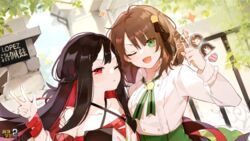  2girls bare_shoulders benghuai_xueyuan black_hair breasts brown_hair character_name copyright_name elsa_lopez_(benghuai_xueyuan) green_eyes highres holding holding_key honkai_(series) key multicolored_hair multiple_girls mushoku_kika official_art one_eye_closed red_eyes red_hair second-party_source two-tone_hair 