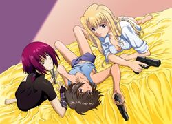  3girls barefoot bed black_hair blonde_hair blue_eyes breasts bridal_gauntlets chloe_(noir) cleavage feet gun handgun harukaze_soyogu long_hair lying medium_breasts mireille_bouquet multiple_girls noir_(anime) on_back on_stomach panties red_eyes red_hair short_hair shorts sleeves_rolled_up soles tank_top toes underwear weapon yuumura_kirika 