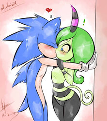 2014 against_surface against_wall anthro blush buxom clothing dated dullvivid duo gloves handwear horn kiss_on_lips kissing male romantic romantic_ambiance romantic_couple sega sonic_the_hedgehog sonic_the_hedgehog_(series) surprise surprise_kiss the_deadly_six unavailable_at_source wide_hipped_male wide_hips zeena zeti