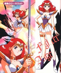  1990s_(style) ai_tenshi_densetsu_wedding_peach angel_salvia armor choker crown female hat ichiishi_sayuri magical_girl multiple_views official_art purple_eyes red_hair retro_artstyle scan scarlet_ohara sword weapon wristband 