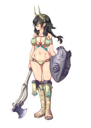  axe bikini black_hair boots braid breasts female fujisawa_takashi full_body headgear highres horns knee_boots large_breasts long_hair navel o-ring original sandals shield solo swimsuit weapon white_background yellow_eyes 