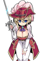  blonde_hair blue_eyes breasts cleavage commentary_request cowboy_shot female hat hat_feather juliet_sleeves large_breasts leaning_forward long_sleeves looking_at_viewer nemui_(nemui) pants puffy_sleeves rapier sabine_(sennen_sensou_aigis) sennen_sensou_aigis short_hair simple_background solo standing sword weapon white_background white_pants 