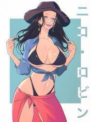  absurdres bikini black_hair blue_eyes breasts collarbone contrapposto earrings female hat highleg highleg_bikini highres jewelry large_breasts long_hair nico_robin one_piece opalis open_mouth solo stomach swimsuit 