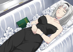  absurdres anna_nishikinomiya black_dress book bracelet breasts chinese_commentary choker closed_eyes closed_mouth coffin commentary corpse dress english_commentary female flower funeral funeral_dress grey_hair hairband highres jewelry large_breasts lazy_tiger matsuki_miyu mixed-language_commentary photoshop_(medium) shimoneta_to_iu_gainen_ga_sonzai_shinai_taikutsu_na_sekai short_hair smile solo voice_actor_connection 