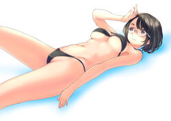  bikini black_bikini black_hair breasts brown_eyes female fujisawa_takashi glasses lying medium_breasts navel on_back original short_hair solo swimsuit underboob wavy_mouth white_background 