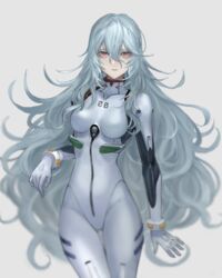  absurdres alternate_hairstyle ass_visible_through_thighs ayanami_rei blue_hair bodysuit breasts bryanth collarbone cowboy_shot evangelion:_3.0+1.0_thrice_upon_a_time expressionless female gloves grey_background hair_between_eyes highres long_hair looking_at_viewer medium_breasts neon_genesis_evangelion pale_skin parted_lips plugsuit rebuild_of_evangelion red_eyes simple_background solo thigh_gap very_long_hair white_bodysuit white_gloves 