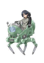  black_hair blue_eyes commentary_request driving female fujisawa_takashi gloom_(expression) gloves highres jumpsuit mecha non-humanoid_robot original robot short_hair sitting steering_wheel walker_(robot) white_background 