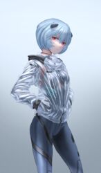  absurdres ayanami_rei black_bodysuit blue_hair bodysuit bodysuit_under_clothes breasts bryanth closed_mouth evangelion:_3.0+1.0_thrice_upon_a_time feet_out_of_frame female gradient_background grey_background hair_ornament hands_in_pockets highres hood hood_down long_sleeves looking_at_viewer neon_genesis_evangelion plugsuit raincoat rebuild_of_evangelion red_eyes short_hair small_breasts solo standing transparent_raincoat 