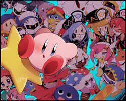  6+boys 6+girls adeleine anniversary armor bad_id bad_twitter_id bandana bandana_waddle_dee bat_wings beret black_hair blue_bandana blue_eyes blunt_bangs blush bow bowtie brown_eyes cape commentary_request coo_(kirby) dark_meta_knight daroach disembodied_hand everyone extra_eyes fairy_wings flamberge_(kirby) francisca_(kirby) gloves gooey_(kirby) hair_ribbon hat highres hood horns hyness jester_cap kine_(kirby) king_dedede kirby kirby:_star_allies kirby_(series) long_hair magolor marx_(kirby) mask meta_knight multiple_boys multiple_girls one_eye_closed open_mouth pink_hair purple_eyes rayman_limbs red_bow red_bowtie red_eyes red_ribbon ribbon ribbon_(kirby) rick_(kirby) robe scar scar_across_eye scar_on_face shadow_kirby short_hair slit_pupils smile susie_(kirby) suzuyuki_cafe sword taranza tongue tongue_out top_hat void_(kirby) void_termina warp_star weapon white_eyes white_gloves white_hair wings yellow_eyes yellow_gloves zan_partizanne 