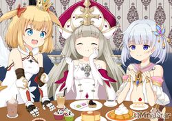  3girls :d :t ^_^ bare_shoulders bendy_straw blue_eyes blush bow breasts cake cake_slice closed_eyes closed_mouth collarbone commentary_request crown cup dress drinking_glass drinking_straw eating elbow_gloves food fork fruit gauntlets gloves grey_hair hair_ornament hairbow hand_on_own_cheek hand_on_own_face hat holding holding_fork holding_spoon keyhole long_hair loussier_ellerensia marl_(shironeko_project) medium_breasts mini_crown mitya multiple_girls open_mouth plate red_bow red_headwear round_teeth see-through shironeko_project short_hair sitting smile spoon strapless strapless_dress strawberry table teeth tina_topia twitter_username two_side_up upper_teeth_only very_long_hair weighing_scale white_dress white_gloves 